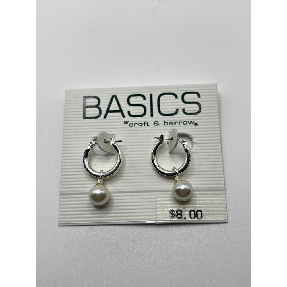 Croft & Barrow Hoop Earrings Womens OS Silver Faux Pearl Drop Basics New